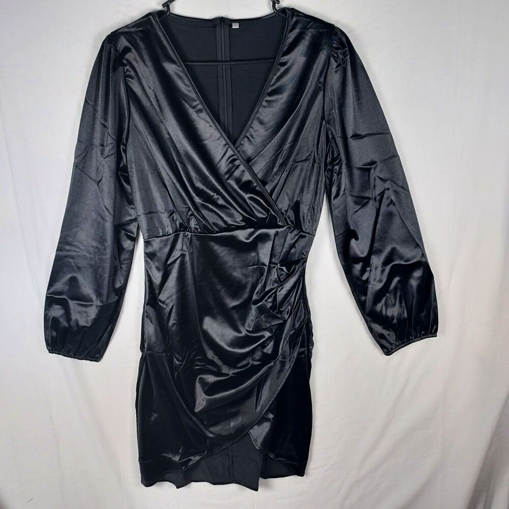 Yajedo Satin V-Neck Dress Size Medium Black Party/Cocktail Long Sleeve New